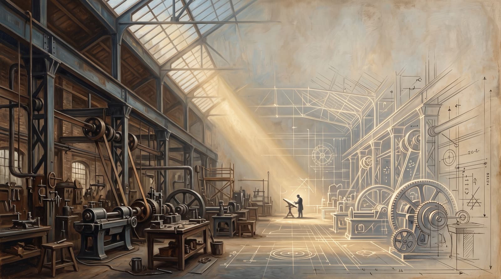 Painting of a factory hall dissolving into an engineering drawing of itself